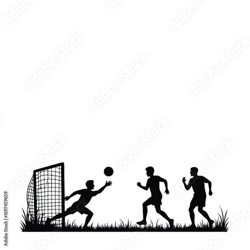 Silhouette of a soccer game with players and goal Keywords: silhouette, soccer, game, players