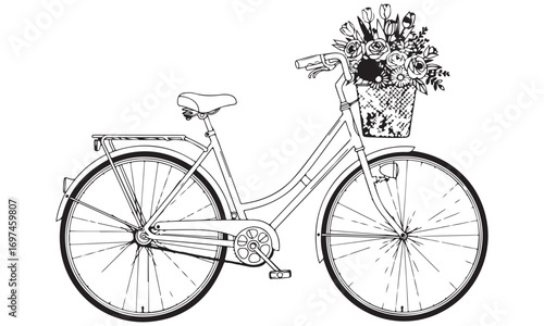 Black and White Line Art Illustration of a Classic Bicycle with a Front Basket of Flowers
