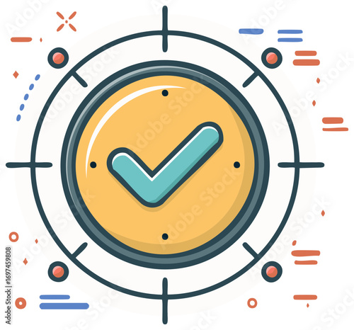 Checkmark inside a circular target graphic with crosshairs and decorative elements symbolizing completion