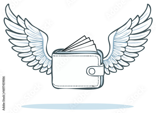 Wallet with wings flies fast money concept funds spending spending power or wealth illustration