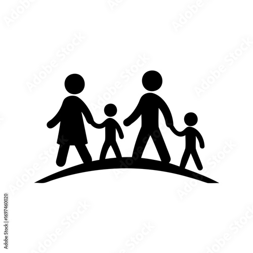 Iconic depiction of a family with two children walking together uphill
