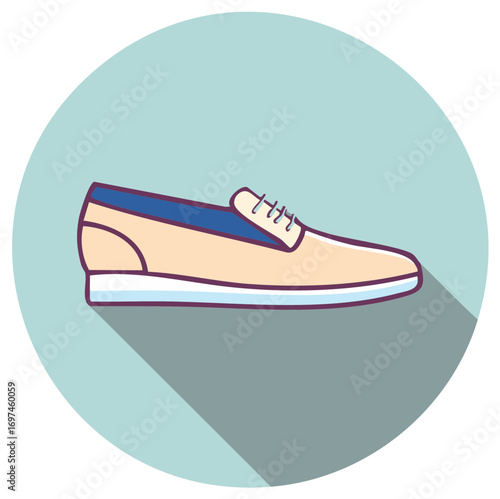 Flat design casual beige loafer shoe with small laces and long shadow