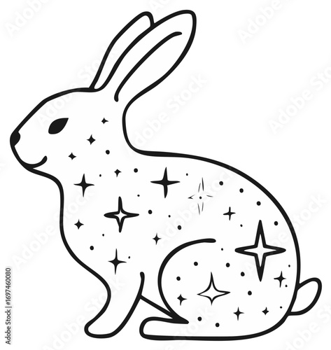 Rabbit Outline Decorated with Stars and Dots in Simple Black and White
