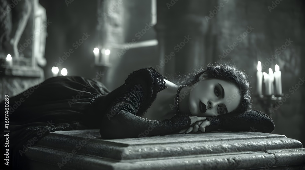 Obraz premium Mysterious Woman in Dark Attire Lying on Stone Table with Candles