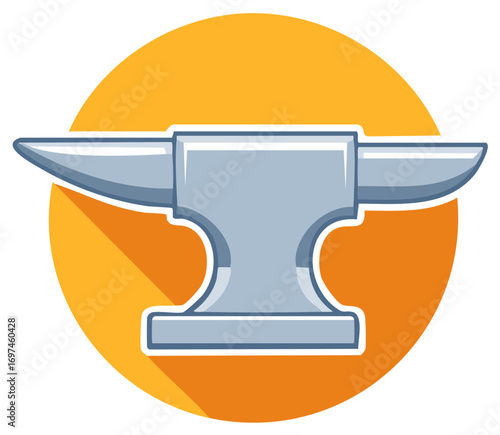 Cartoon anvil illustration with long shadow, orange circle background