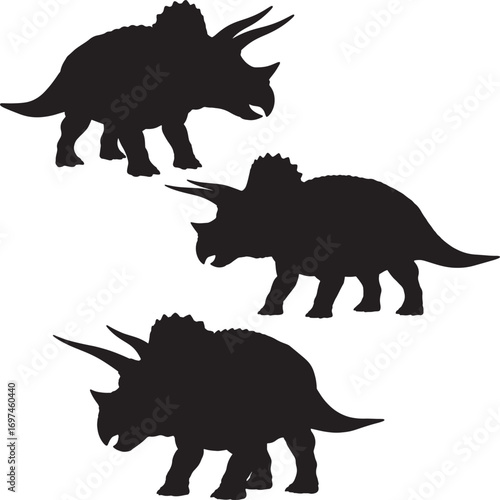 Black triceratops dinosaur silhouettes in a playful row for a bold vector design