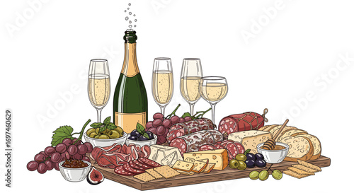 An elegant illustration of a gourmet charcuterie board with champagne, assorted cheeses, cured meats, grapes, and bread.