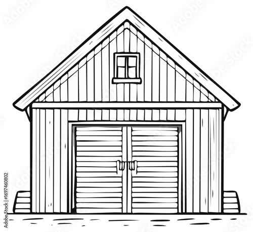 Barn Illustration: Hand drawn graphic art of building with wooden door and window