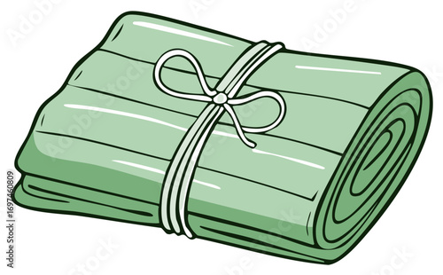 Rolled Green Fabric Bundle Tied with String Illustration Vector