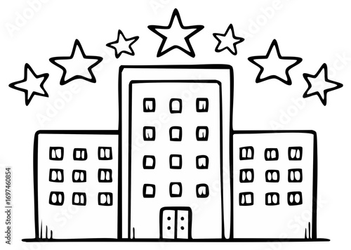 Hand-Drawn Hotel with Stars Symbolizing Luxury and Quality Ratings