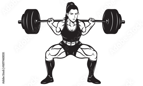 Strong Woman Athlete Performing Barbell Back Squat Vector Illustration