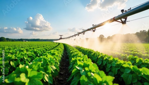 A farmer's field is being irrigated by a center pivot irrigation system on a sunny day  The lush green crops are thriving under the water spray , field, cultivation