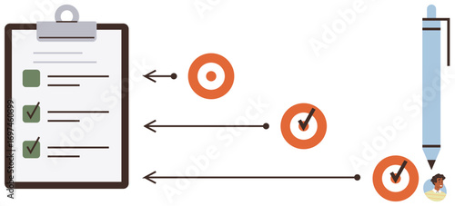 Clipboard checklist, arrows pointing to targets with checkmarks, pen highlight progress. Ideal for task management, planning, productivity, organization, goals workflow success. A simple flat