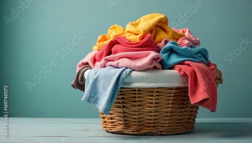 A full overflowing laundry basket, clothes piled high, ready for washing  The basket is woven and overflowing with a variety of fabrics and colors ,  dirty clothes,  rustic