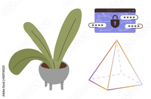 Potted plant with large green leaves, secure browser window with password fields, and translucent pyramid. Ideal for cybersecurity, design, minimalism, technology, nature, privacy and innovation