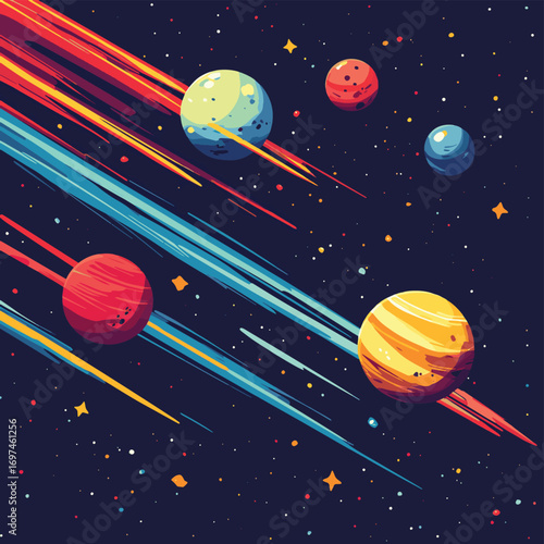 Fiery Meteorites and Asteroids Flying Through Deep Outer Space with Colorful Planets
