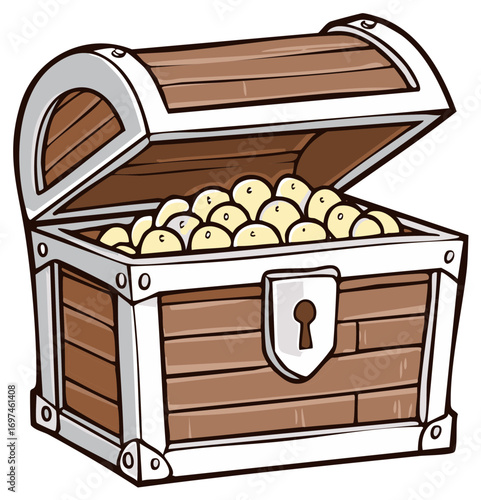 Cartoon illustration of an open treasure chest filled with golden treasure coins