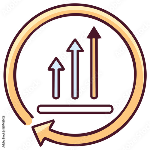 Growing bar chart with upward arrows and a cyclical flow in progress