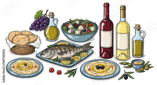 A vibrant illustration of a Mediterranean feast, featuring grilled fish, hummus, salad, olives, grapes, bread, olive oil, and wine.