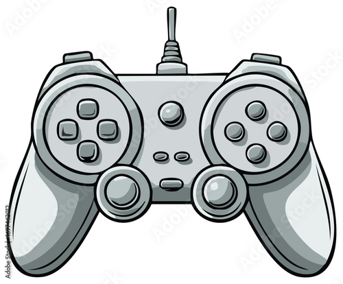 Classic wired video game controller with analog sticks and buttons in a cartoon illustration style