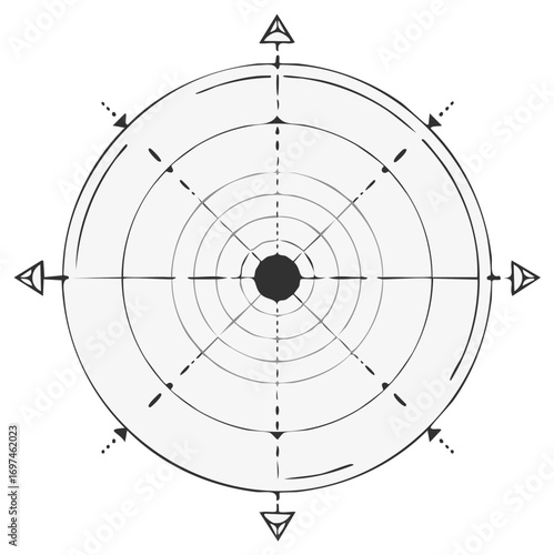 Hand Drawn Compass with Triangles and Arrows Showing Direction in a Circular Design