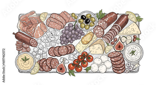 Assortment of cured meats, cheeses, olives, fruits, and other appetizers arranged on a platter.