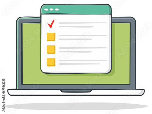 Laptop screen showing a completed task on a digital checklist. Vector icon for productivity and organization.