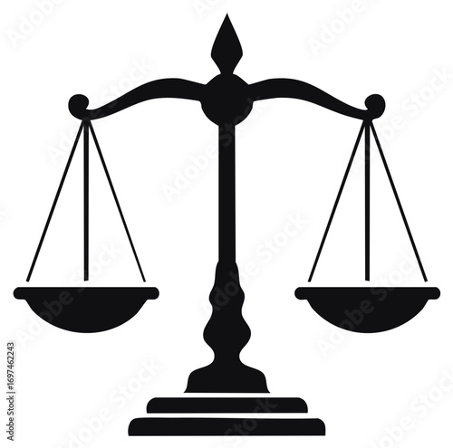 Black and white justice scales icon, illustration, vector