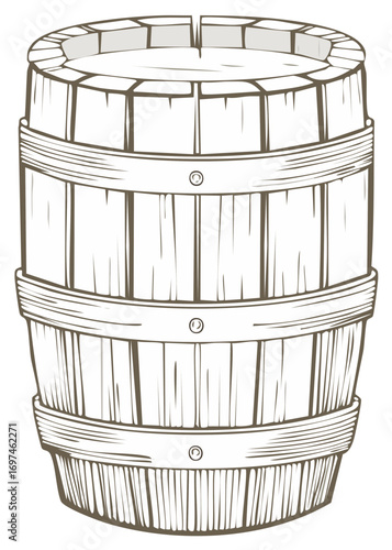 Rustic Hand Drawn Wooden Barrel Illustration,  Vintage Storage Vessel Graphic