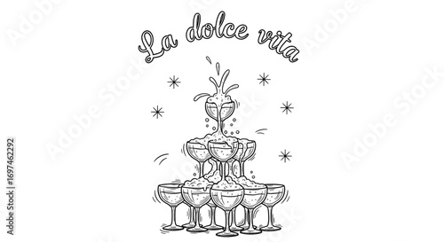 Illustration of a champagne tower with the words "La dolce vita" above it, depicting a celebratory scene.