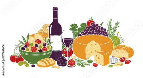Still life with wine, cheese, bread, grapes, figs, and tomatoes.