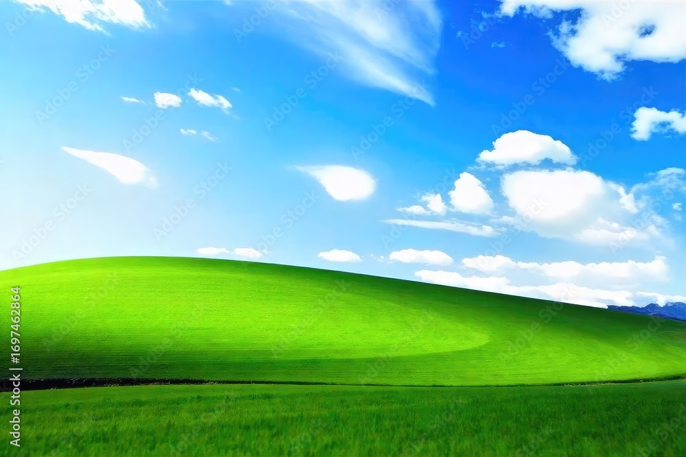 Fototapeta premium A lush green field stretches to a vibrant blue sky, representing the boundless potential of new beginnings and fresh starts Perfect for concepts of rebirth, renewal, and hope , horizon, day