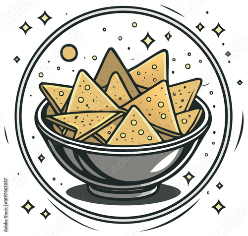 Stylized cartoon illustration of a bowl of crunchy nacho chips in a circular frame