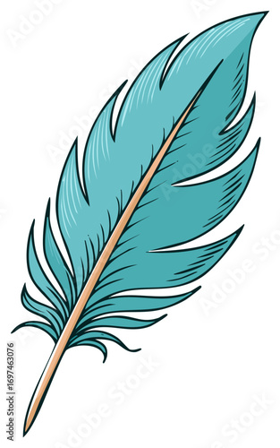 Illustration of a detailed colorful feather with shades of teal and beige isolated