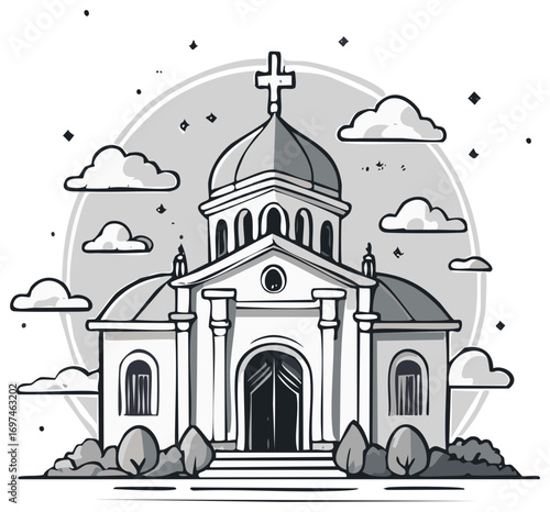 Detailed monochromatic sketch of a church building with architectural design
