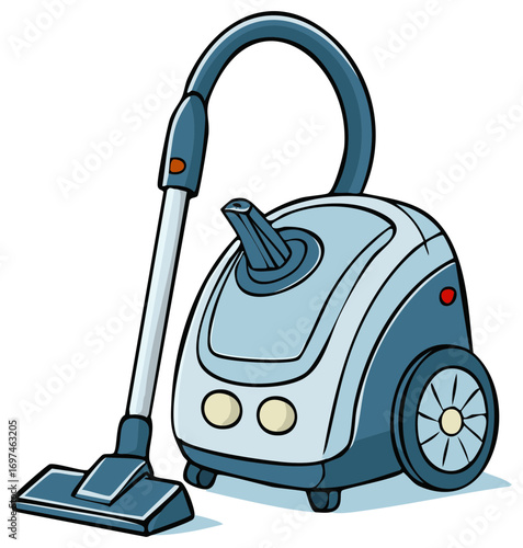 Cartoon vacuum cleaner illustration with wheels and extended wand for cleaning purposes
