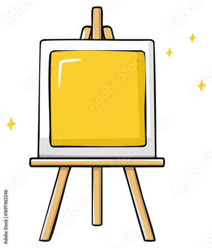 Hand drawn cartoon easel with blank yellow canvas and sparkles for creative space