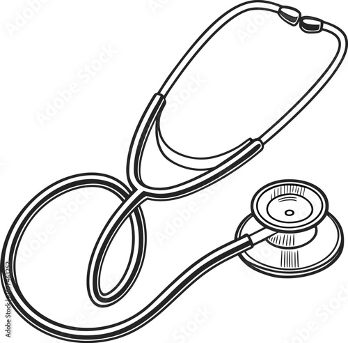 A black and white stethoscope on a white background, a medical tool for diagnosis and healthcare