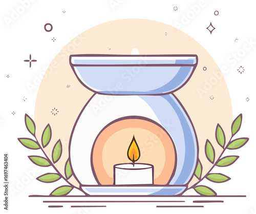 Aromatherapy oil burner with a lit candle and botanical leaves for wellness and relaxation