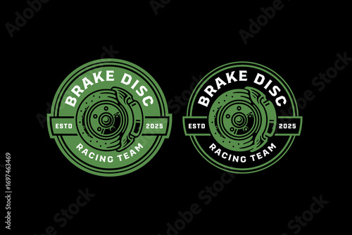 Brake disc retro badge logo vector design set for automotive racing team. Vintage car brake system emblem logo pack for garage. Mechanical brake part illustration label element design for workshop