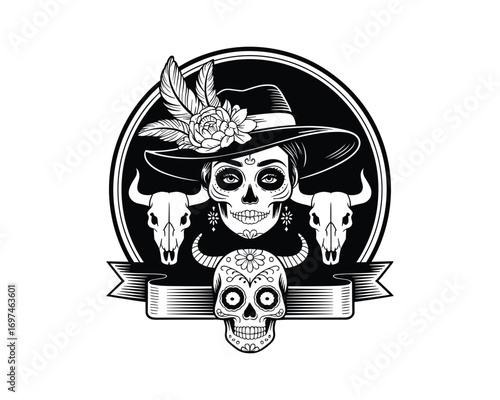 Day of the Dead Sugar Skull Woman with Bull Skulls, Silhouette Vector Illustration