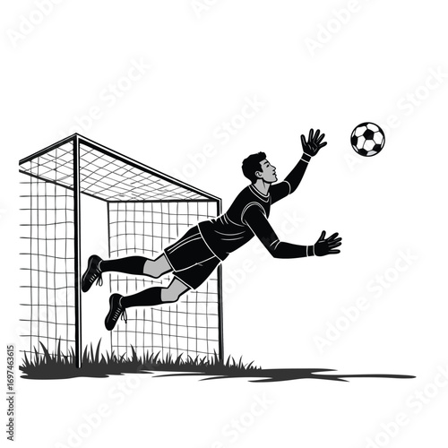 Soccer Goalkeeper Diving to Catch Ball Near Goal Keywords: soccer, football, goalkeeper, goalie