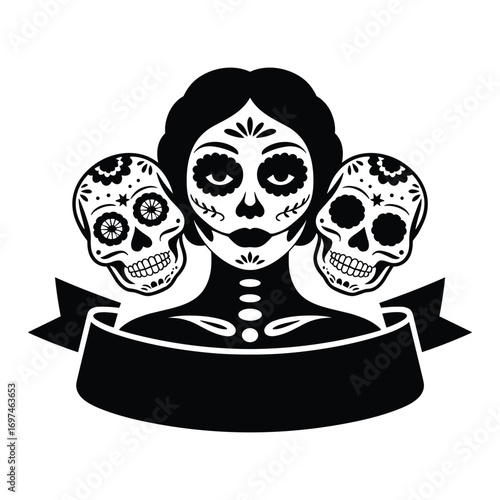 Day of the Dead Woman with Decorative Skulls and Banner, Dia de los Muertos, Silhouette Vector Illustration