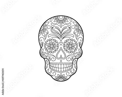 Human Skull with Floral Patterns, Concept of Day of the Dead Vector Illustration