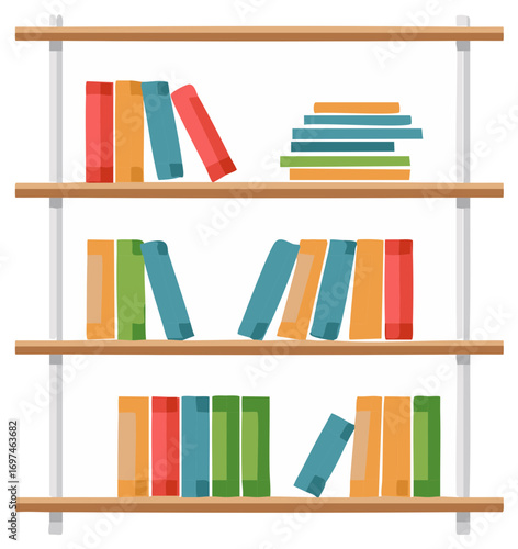 Colorful Books on a Wooden Bookshelf - Education and Literature Concept