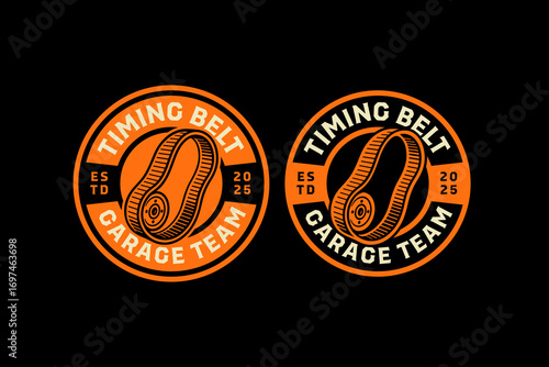 Timing belt parts retro badge logo vector design set for automotive garage. Vintage engine timing belt emblem logo graphic pack for spare parts. Car timing belt illustration label element designs