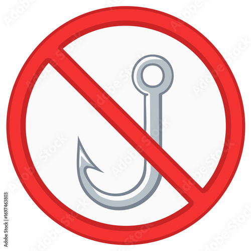Prohibition sign with fishing hook warning against online phishing scams and digital fraud