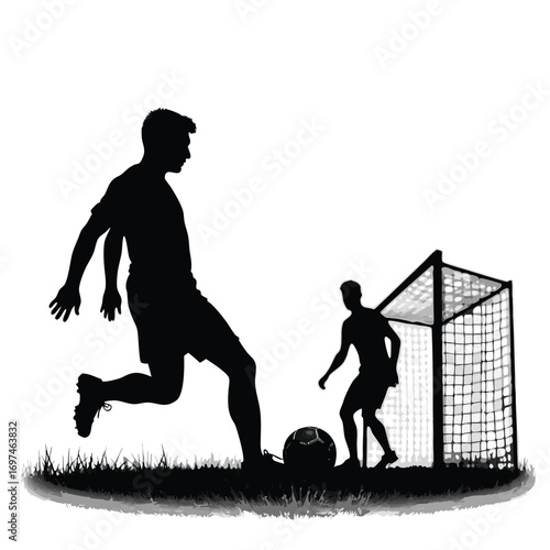 Silhouette of soccer players kicking ball near goal on grass Keywords: soccer, football, player