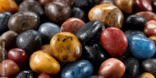 A close-up shot showcasing a collection of vibrantly colored river rocks with water droplets.