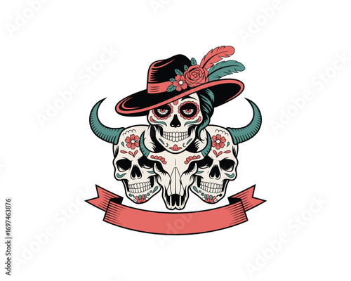 Sugar Skull with Bull Horns, Hat and Ribbon on White Background, Concept of Day of the Dead Vector Illustration